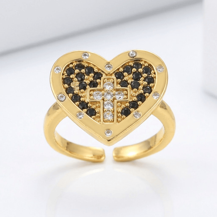 COLORFUL HEART & CROSS SILVER RING - (ADJUSTABLE)