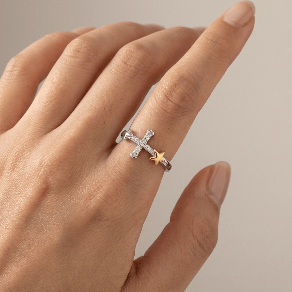 GOLD STAR CROSS RING - (ADJUSTABLE)