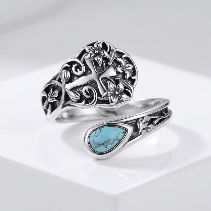 GRACE CROSS FLORAL RING - (ADJUSTABLE)