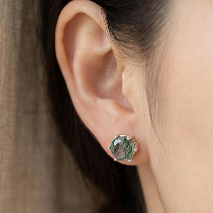 Naušnice-stud od agata sa mahovinom, okrugle