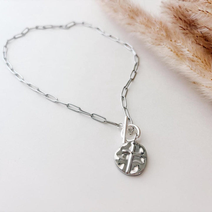 PAPERCLIP STYLE CROSS COIN NECKLACE