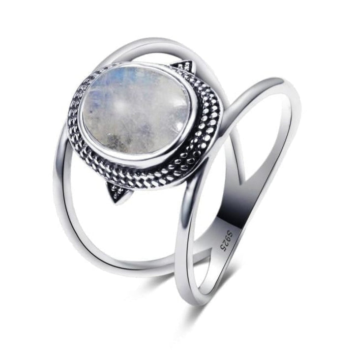 925 Silver Natural Moonstone Round Boho Ring