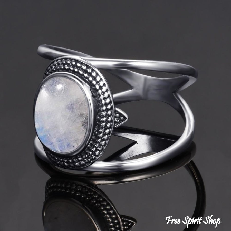 925 Silver Natural Moonstone Round Boho Ring