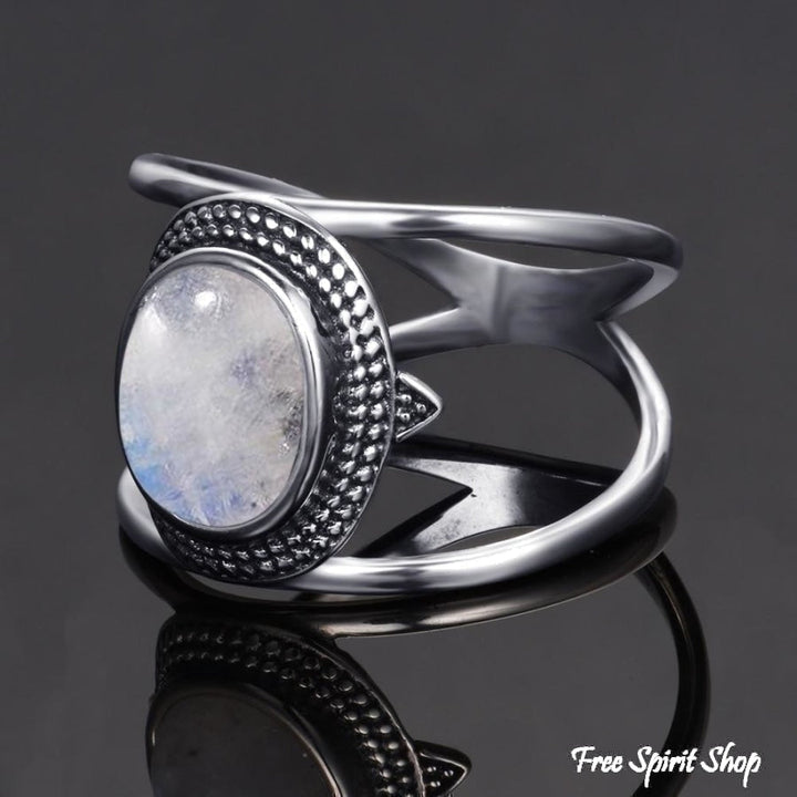 925 Silver Natural Moonstone Round Boho Ring