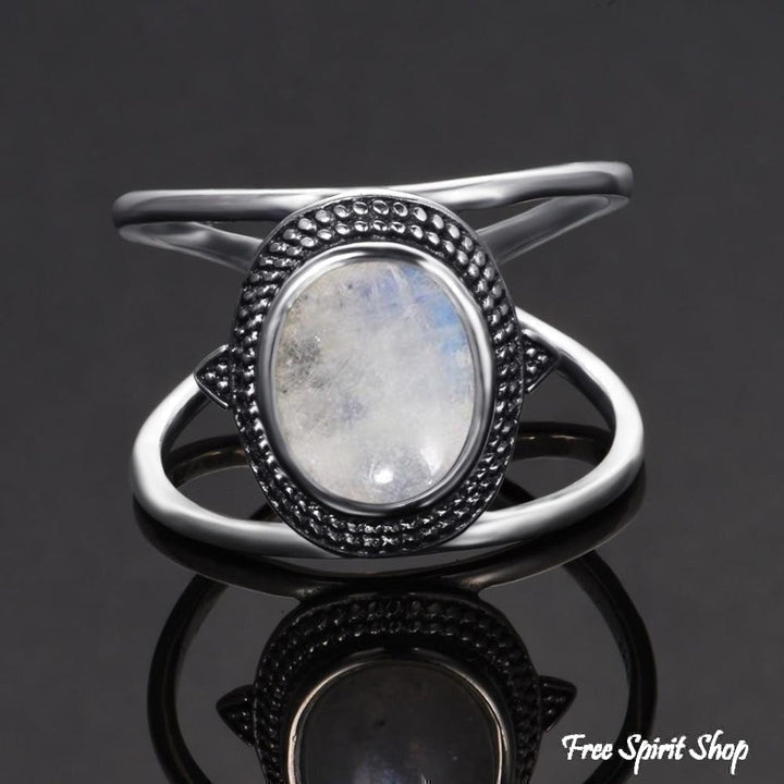 925 Silver Natural Moonstone Round Boho Ring