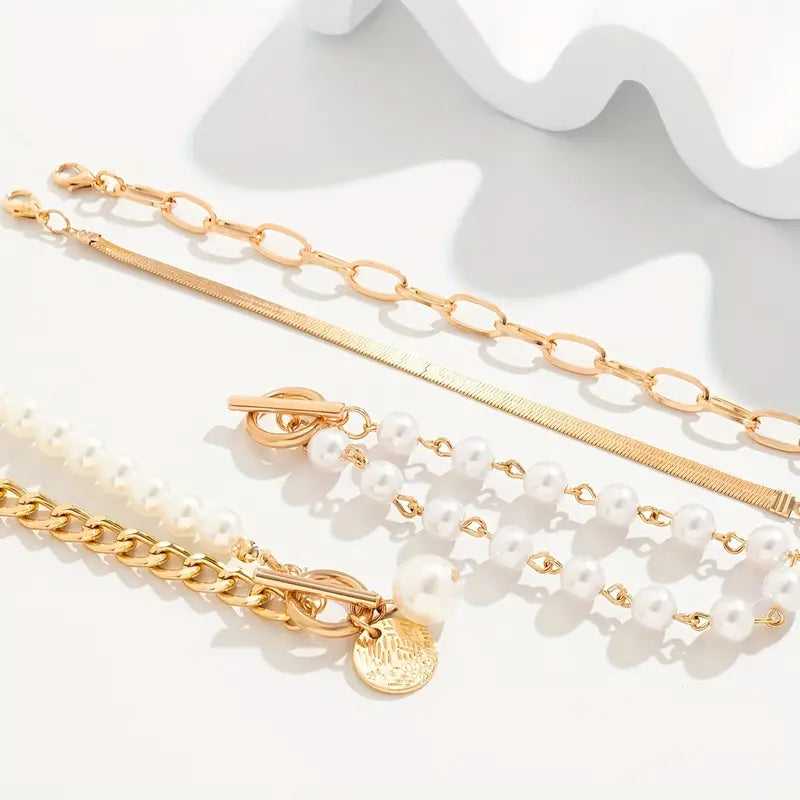 Elegantan set od 4 zlatne narukvice – zmijski vez, biseri i karike | Zlato