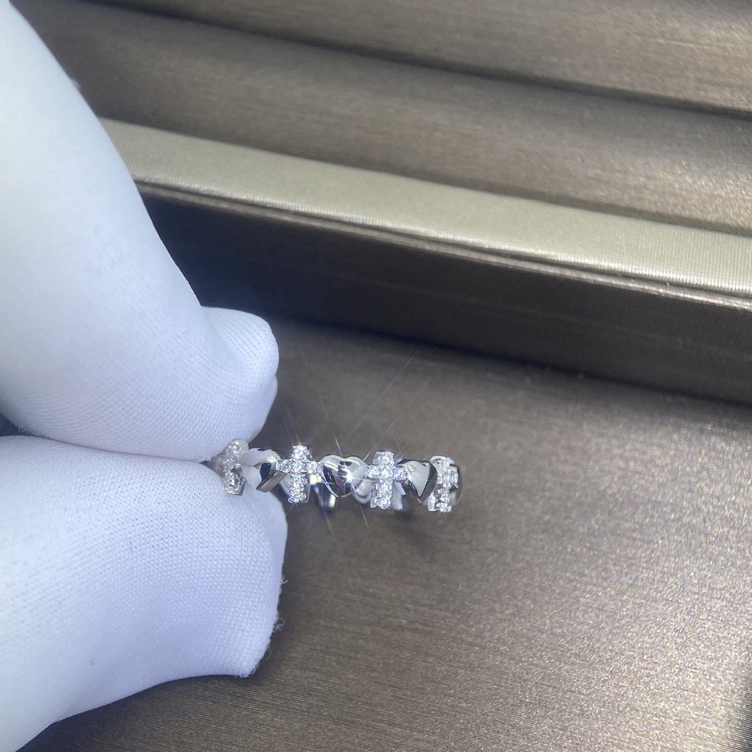 SILVER CROSS & HEARTS RING