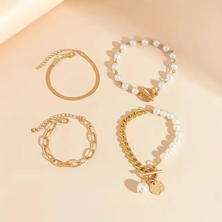 Elegantan set od 4 zlatne narukvice – zmijski vez, biseri i karike | Zlato
