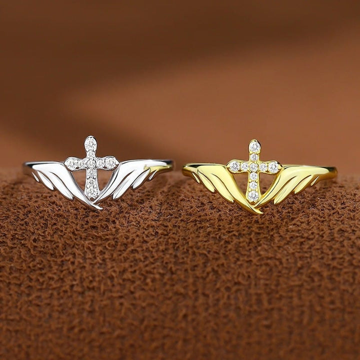 ANGEL WINGS WITH ZIRCON DIAMONDS CROSS RING - (ADJUSTABLE)