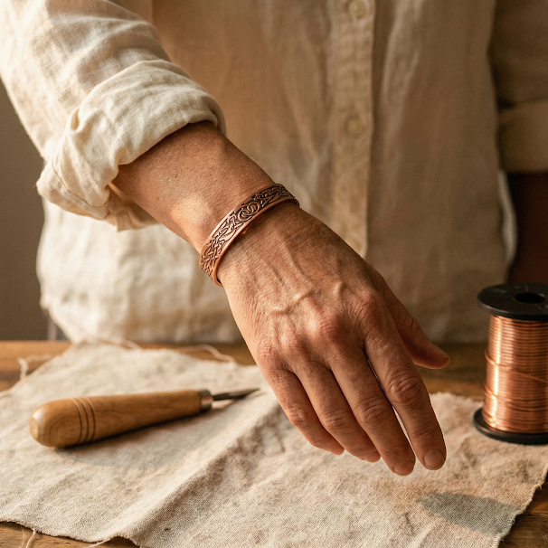 Copper bracelet with Patrycja's moss patina