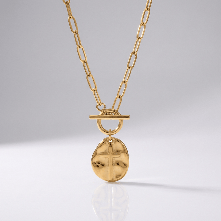 PAPERCLIP STYLE CROSS COIN NECKLACE