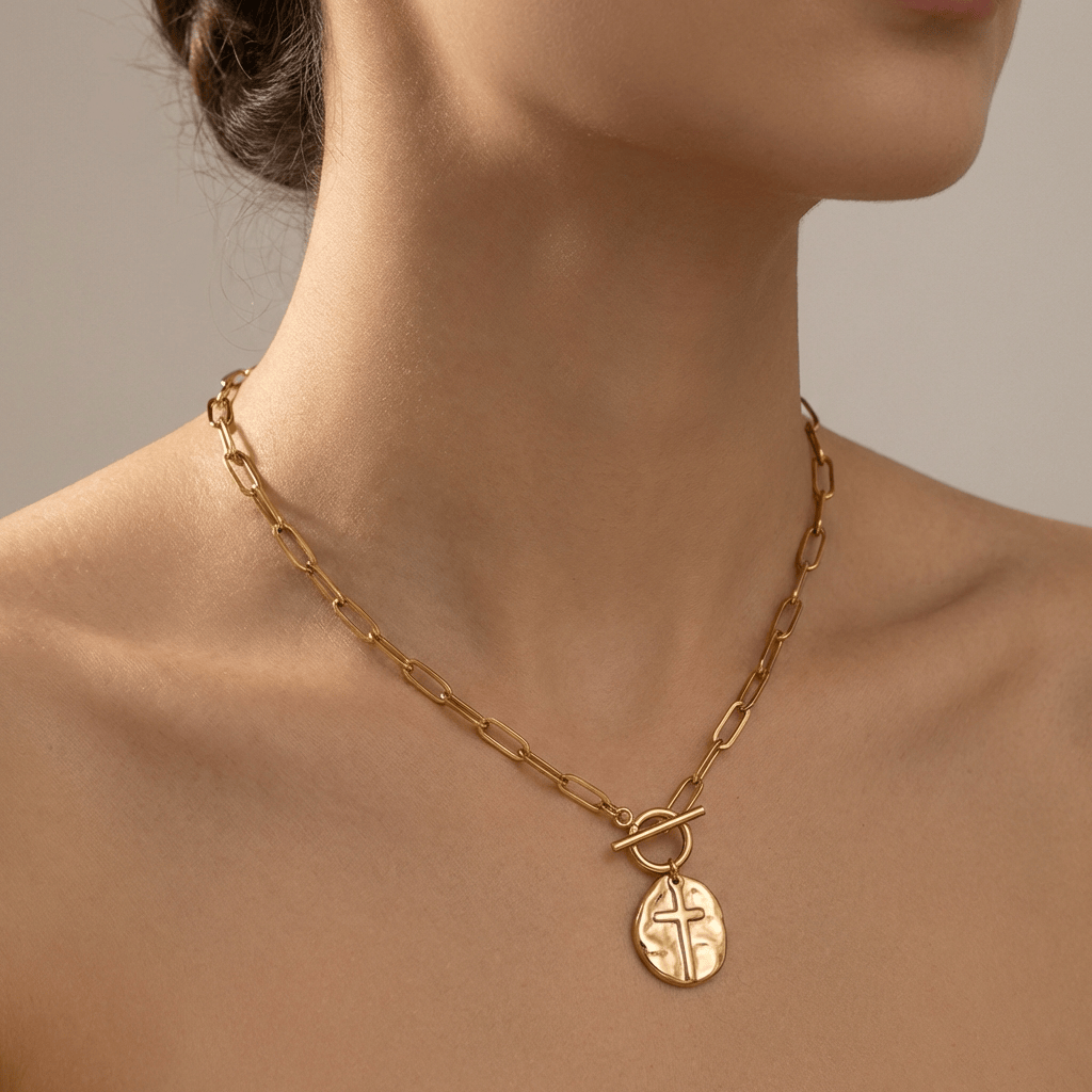PAPERCLIP STYLE CROSS COIN NECKLACE