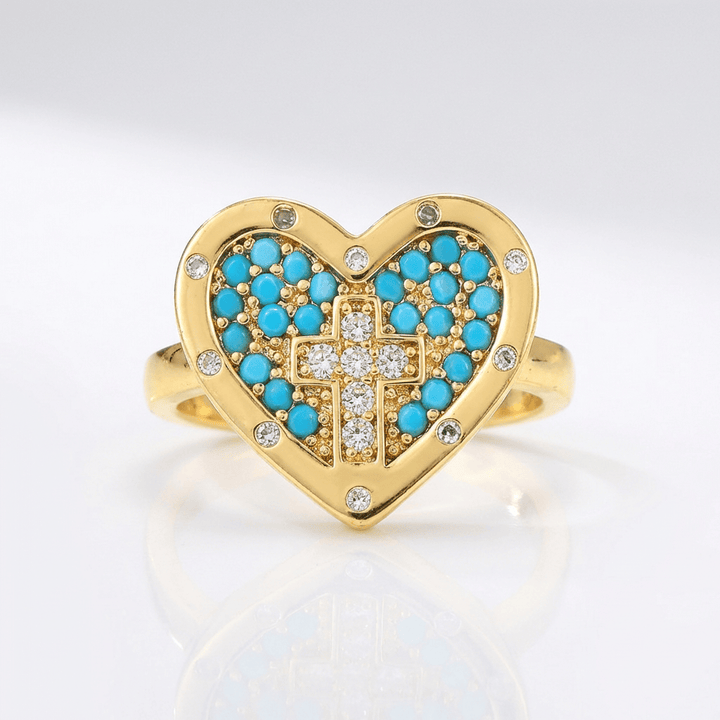 COLORFUL HEART & CROSS SILVER RING - (ADJUSTABLE)