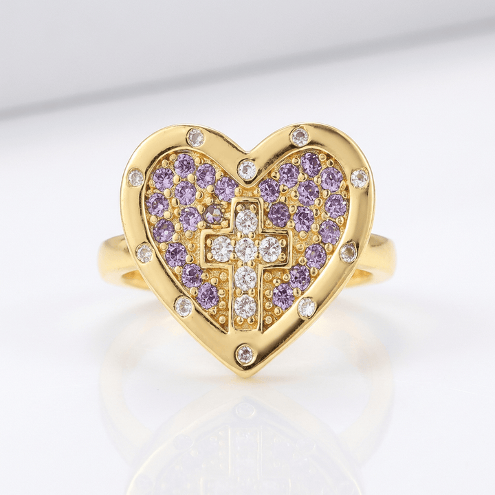 COLORFUL HEART & CROSS SILVER RING - (ADJUSTABLE)