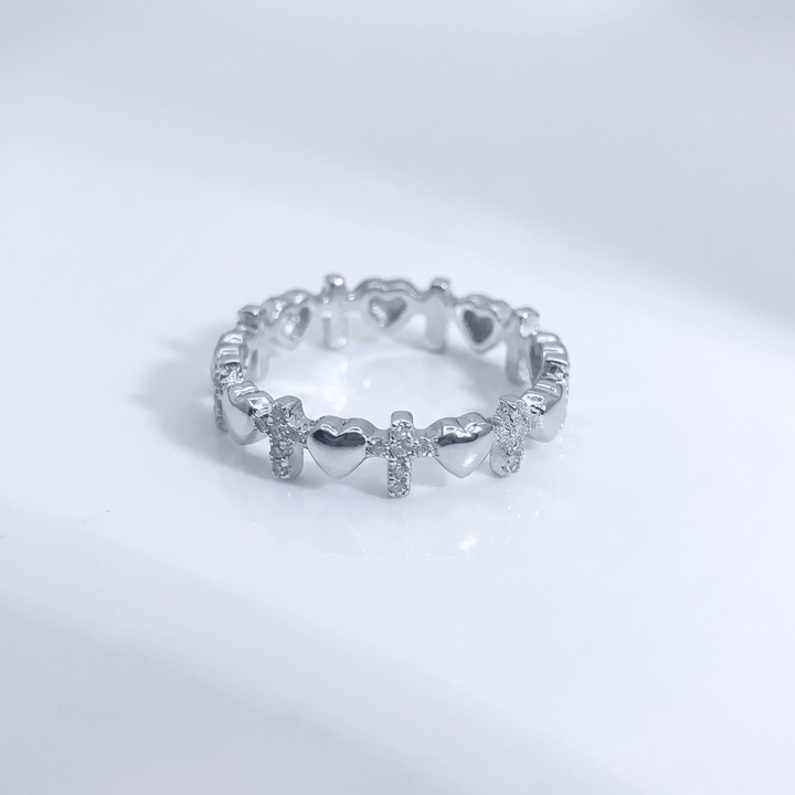 SILVER CROSS & HEARTS RING