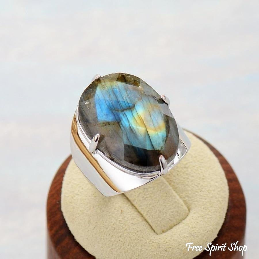 Natural Labradorite Silver Cuff Ring