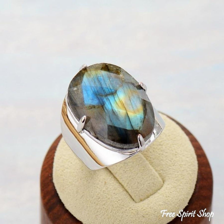 Natural Labradorite Silver Cuff Ring