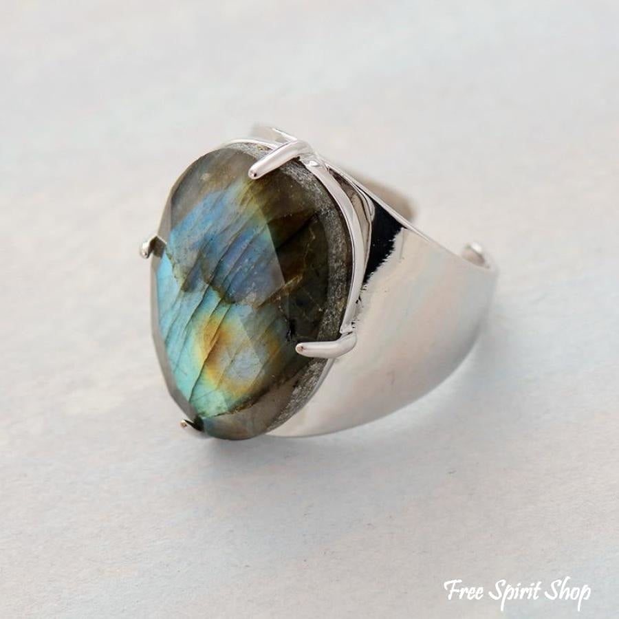 Natural Labradorite Silver Cuff Ring