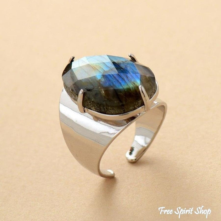 Natural Labradorite Silver Cuff Ring