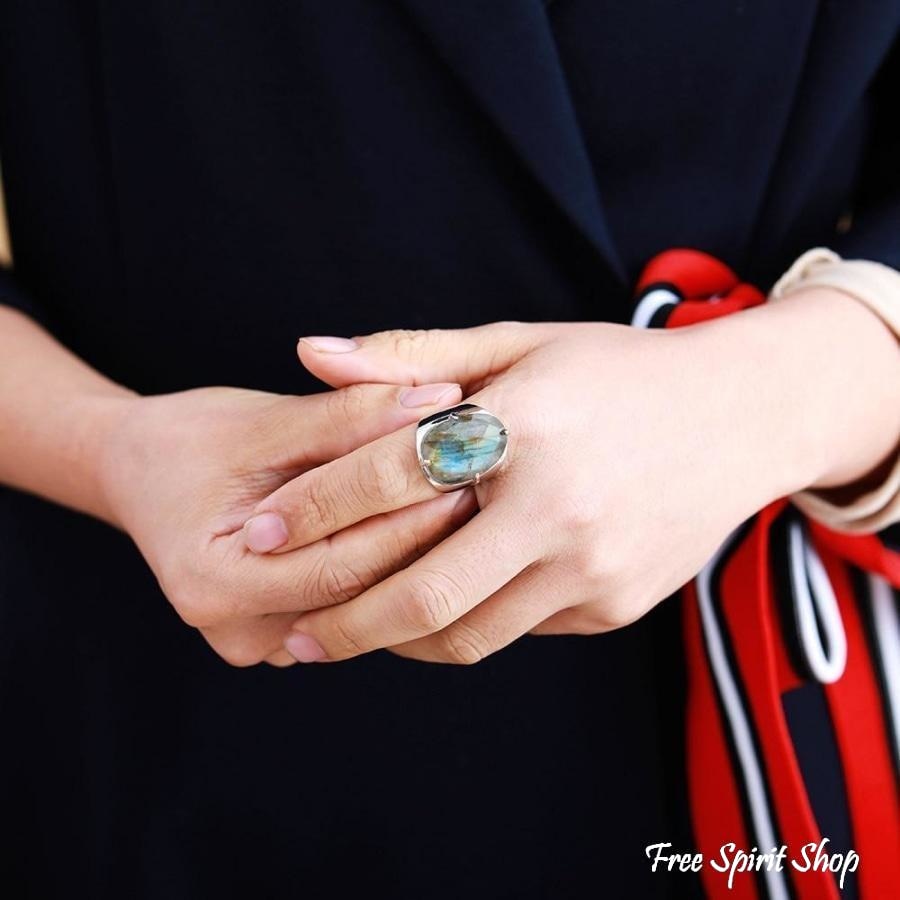 Natural Labradorite Silver Cuff Ring