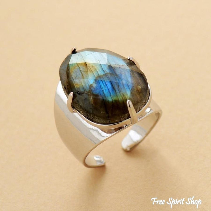 Natural Labradorite Silver Cuff Ring