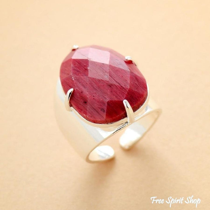 Natural Pink Rhodonite Silver Cuff Ring