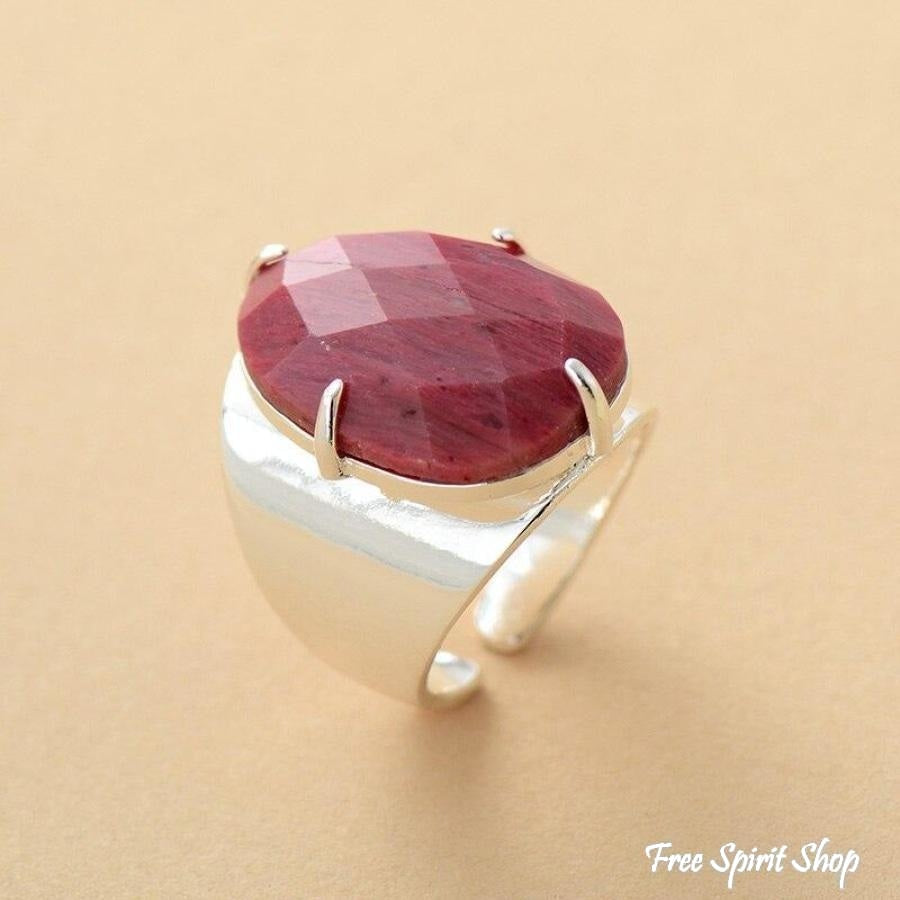 Natural Pink Rhodonite Silver Cuff Ring