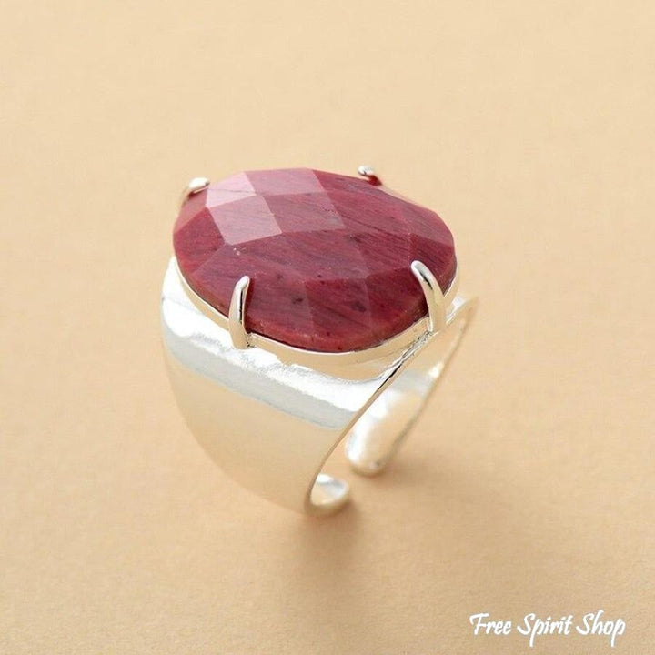 Natural Pink Rhodonite Silver Cuff Ring