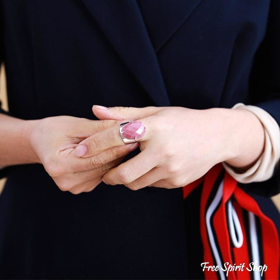 Natural Pink Rhodonite Silver Cuff Ring