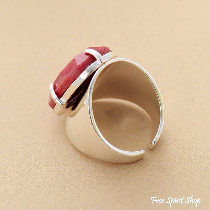 Natural Pink Rhodonite Silver Cuff Ring
