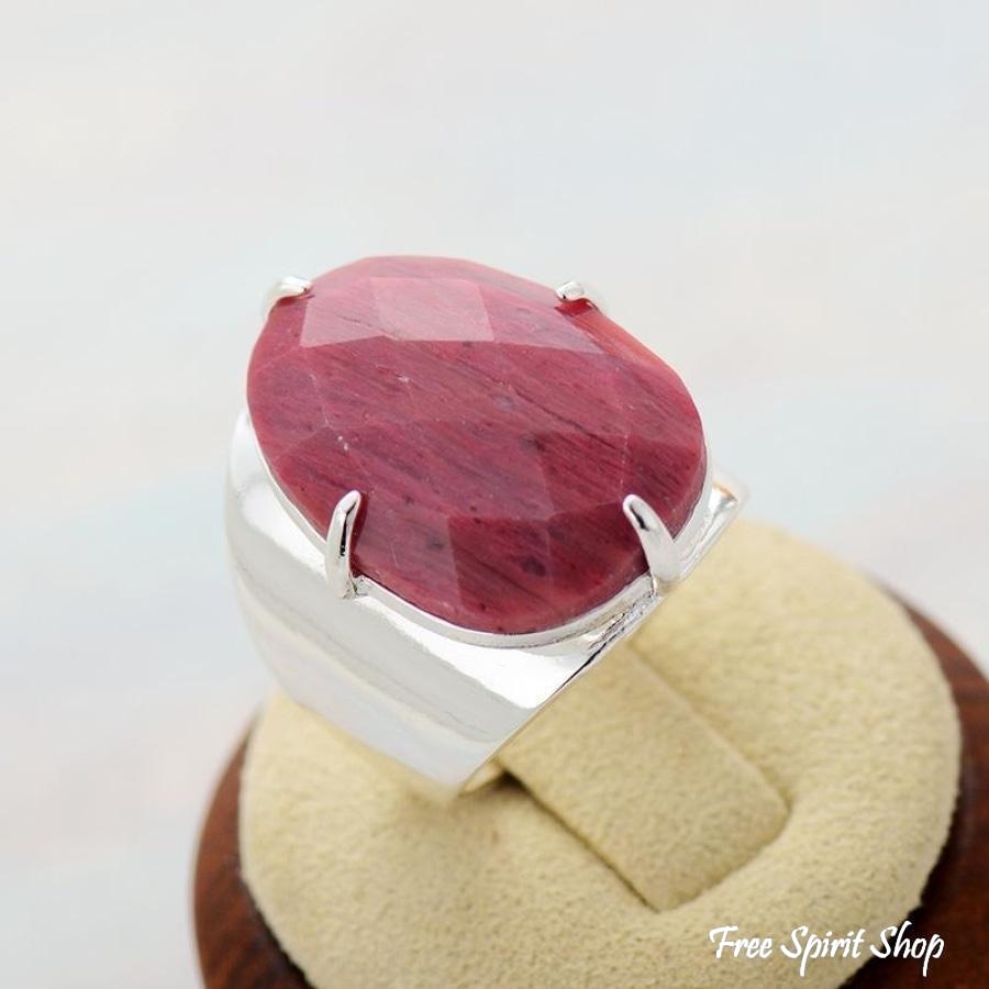 Natural Pink Rhodonite Silver Cuff Ring