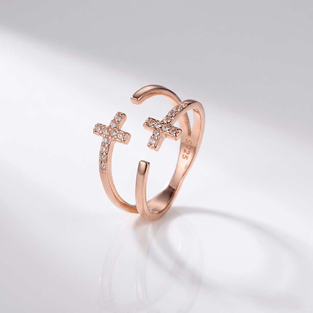 DOUBLE CROSS SILVER & DIAMOND RING - (ADJUSTABLE)
